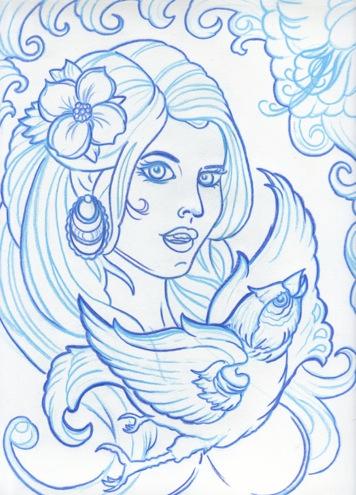 Tattoos - Blue Sketchbook Pinup Girl with Cherry Blossom and Swirly Blue Bird Tattoo Concept - 60615